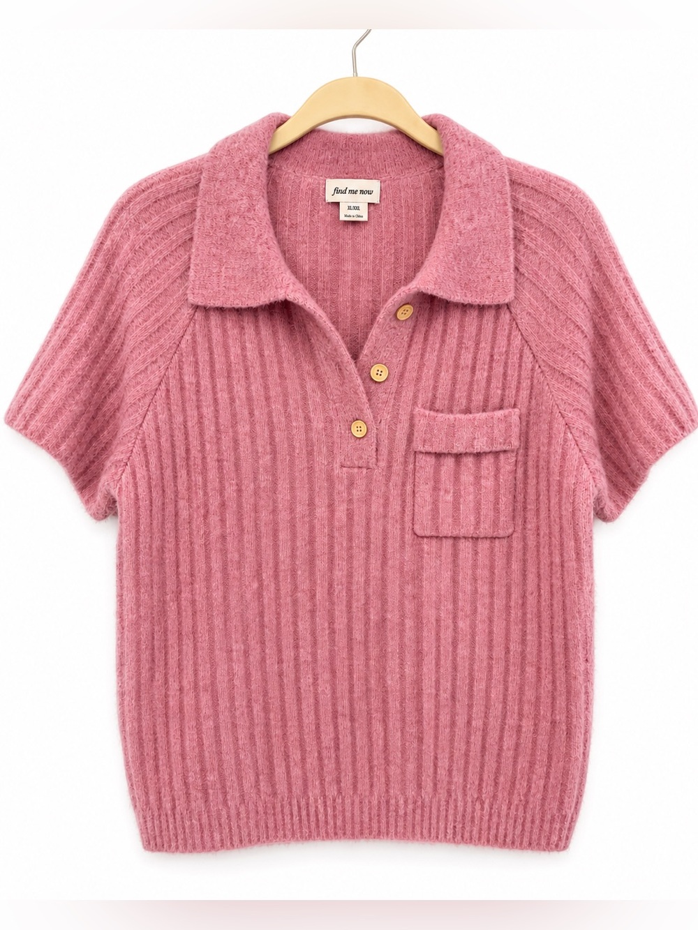 Find Me Now Pink Fuzzy Ribbed Knit Polo Sweater Top XL